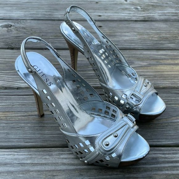 Guess Women Heel Shoes Silver Tone Leather Upper Open Toe Shoes Size 9M - Picture 4 of 12